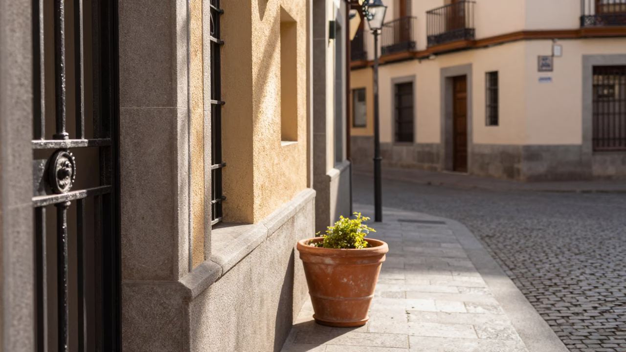Late Morning Madrid Spain Street Scene with Terracotta Pot and Gate Handle in in Madrid, Spain