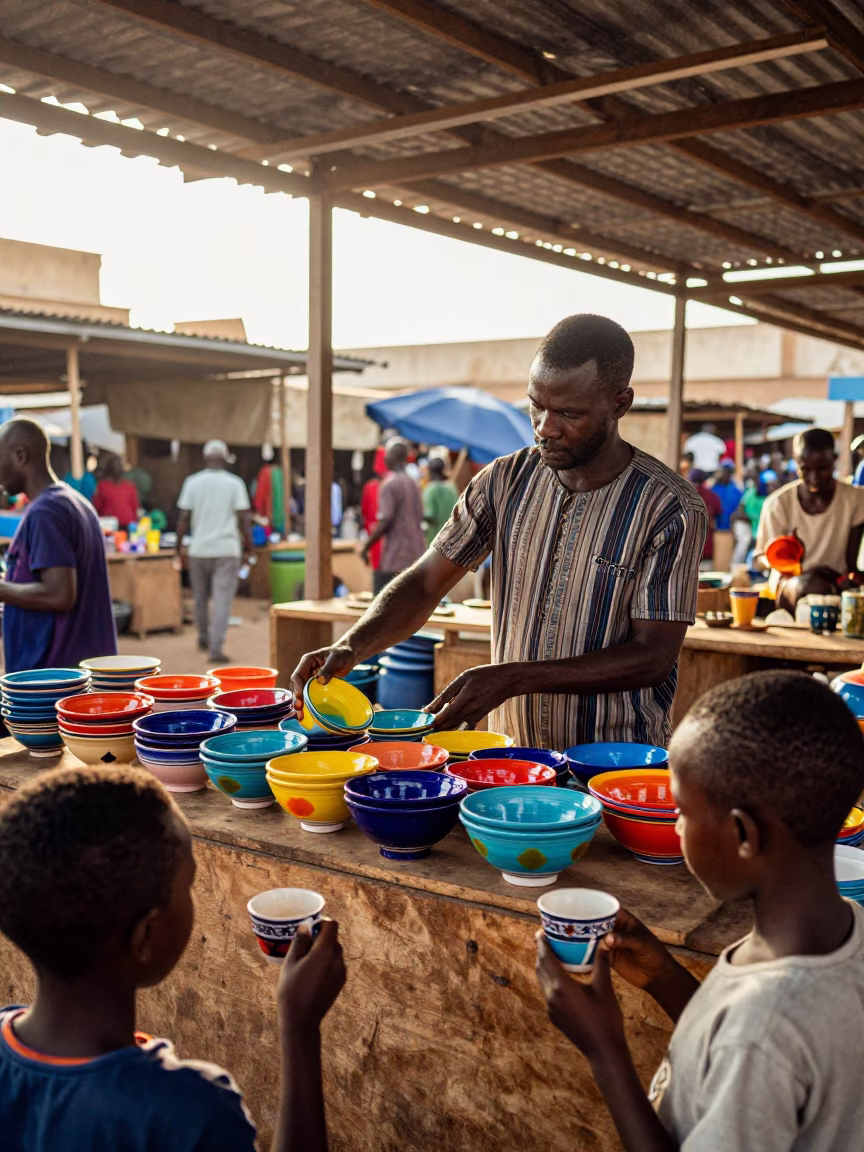 Late Morning Market Scene in Dakar Senegal with Colorful Tea Stains and Local Commerce in in Dakar, Senegal