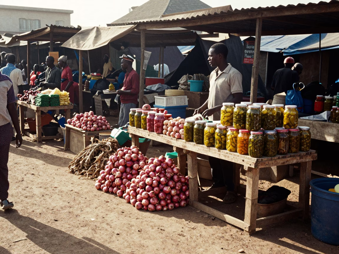 Late Morning Market Scene in Dakar Senegal with Onions and Pickle Jars in in Dakar, Senegal