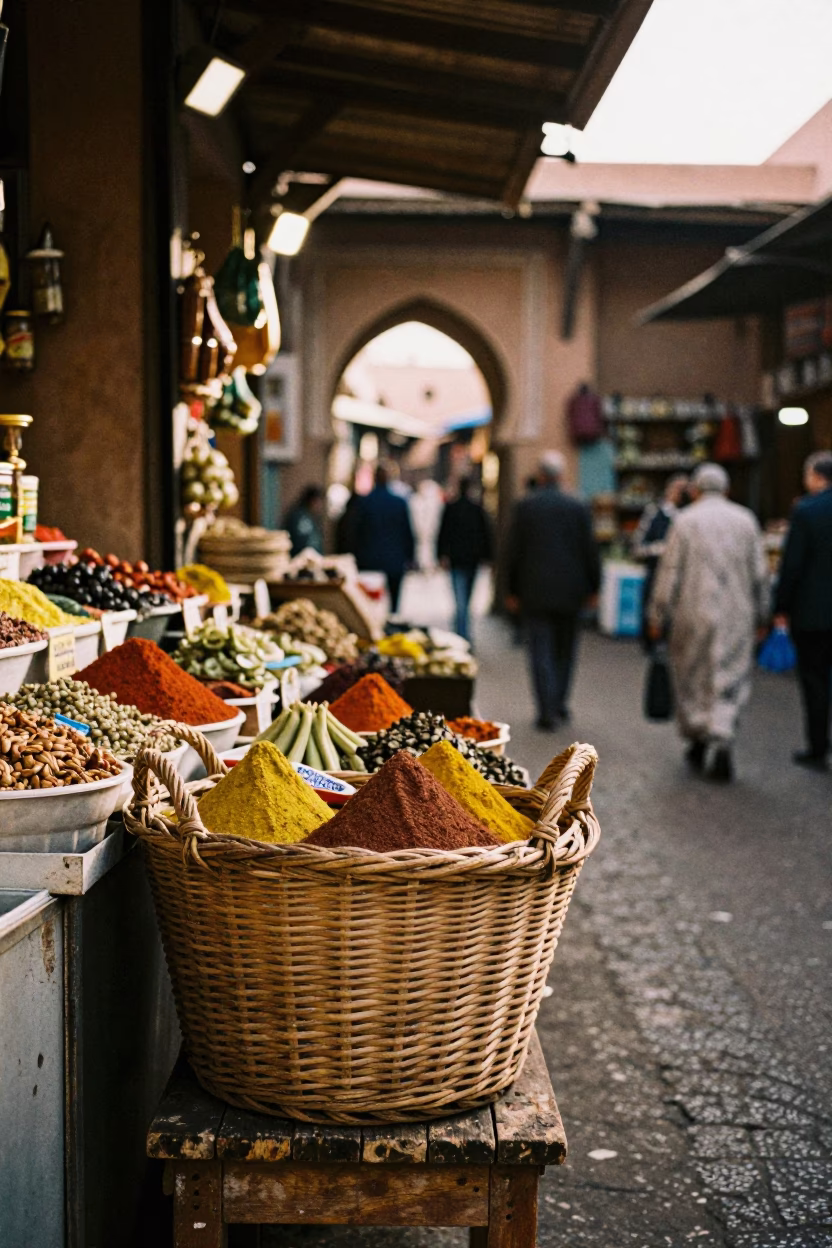 Late Morning Market Scene in Marrakech Morocco with Wicker Basket and Prayer Beads in in Marrakech, Morocco