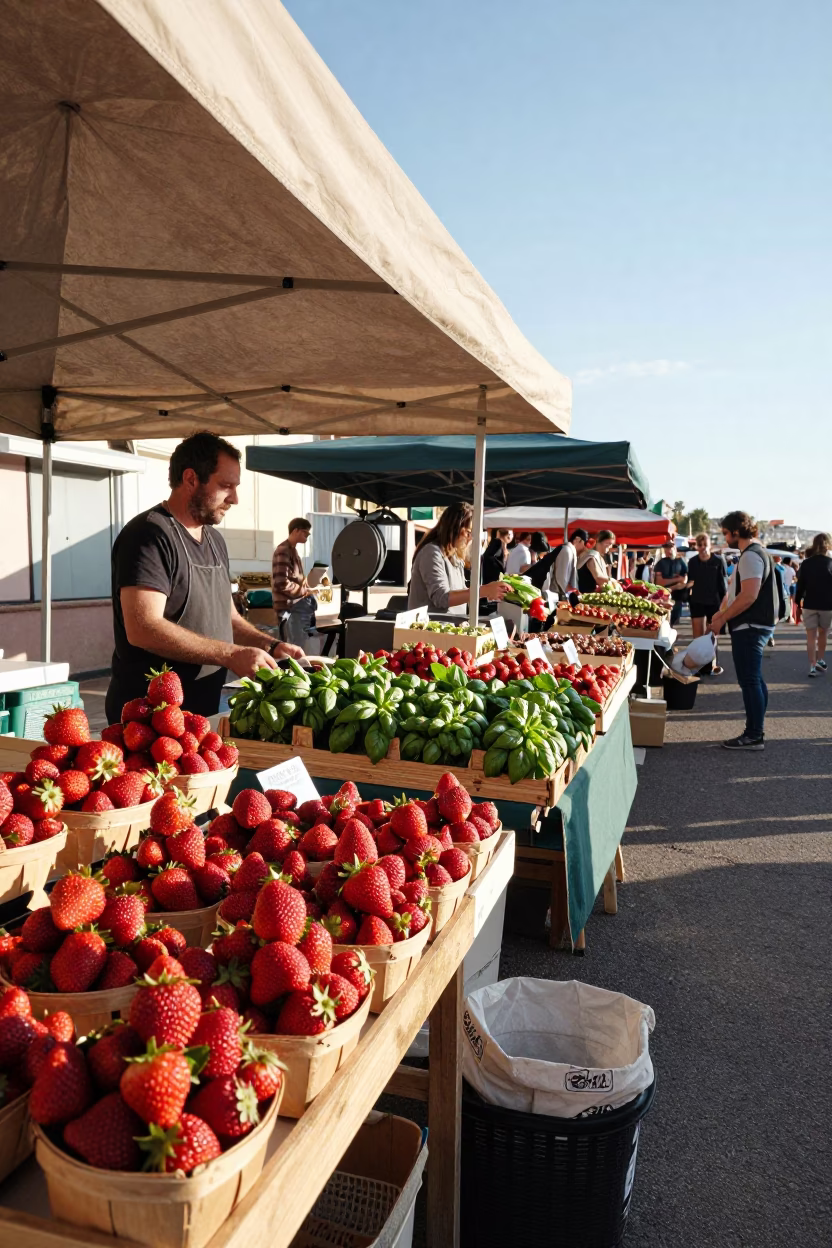 Late Morning Market Scene in Nice France with Strawberries and Basil on Wooden Stall in in Nice, France