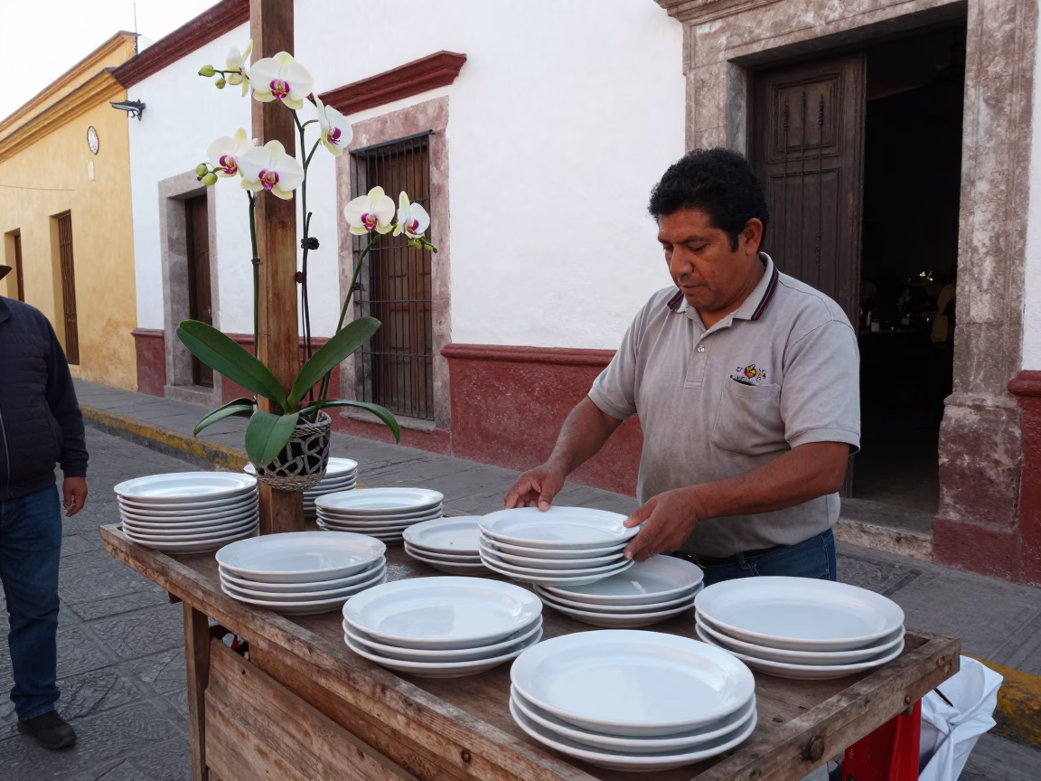 Late Morning Market Scene in Oaxaca Mexico with Vanilla Orchid and Ceramic Plate in in Oaxaca, Mexico