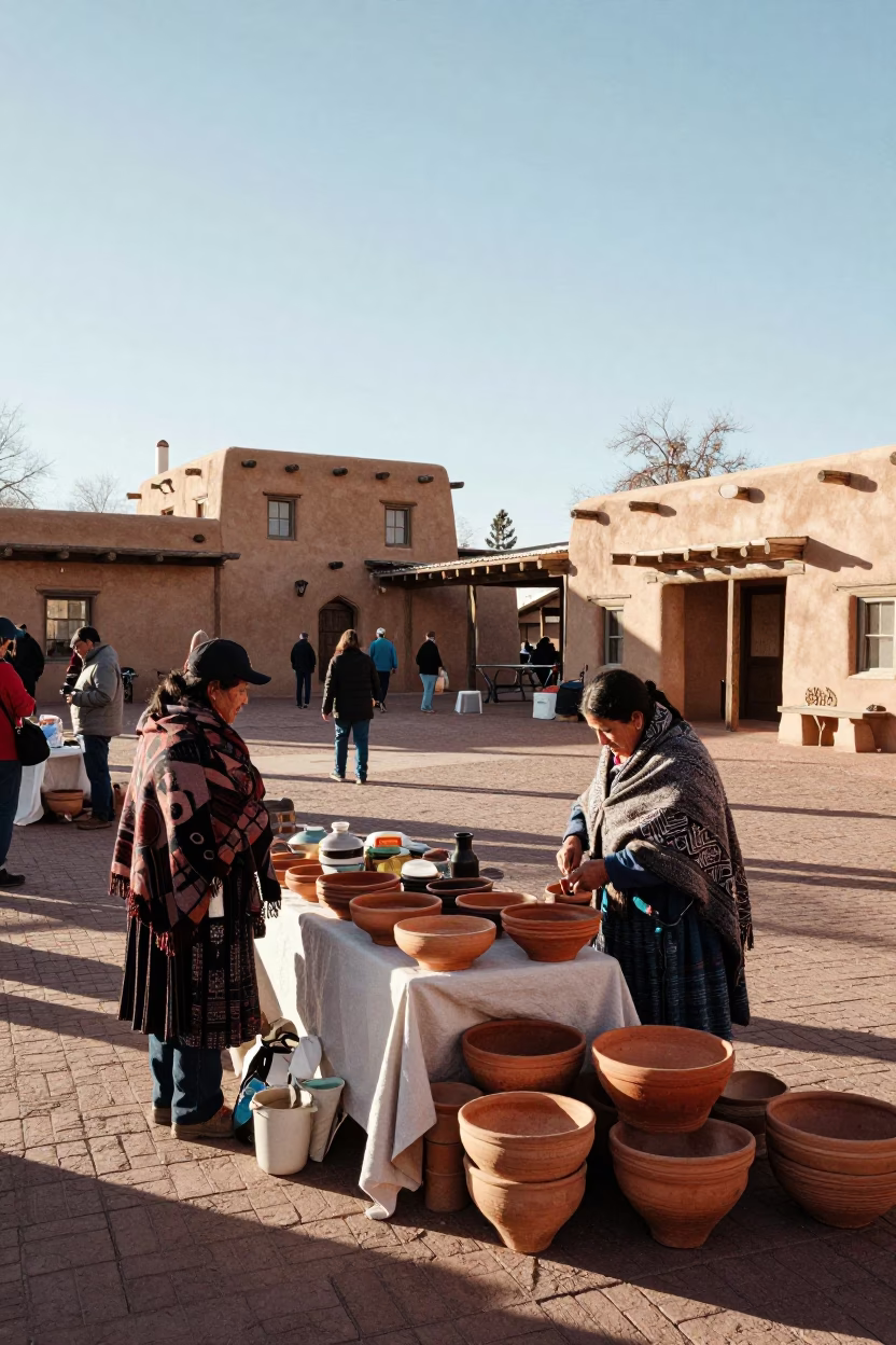 Late Morning Market Scene in Santa Fe New Mexico with Terracotta Bowls and Apricots in in Santa Fe, New Mexico, United States