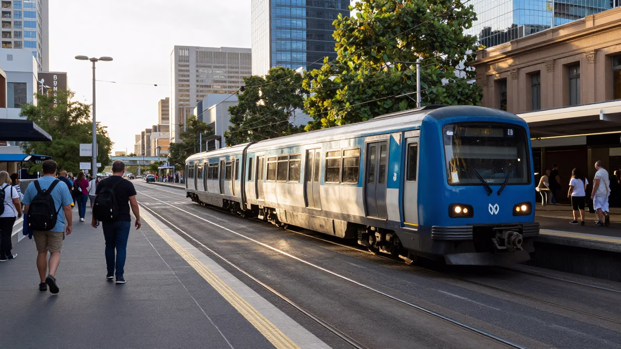 Late Morning Melbourne Street Scene with Commuter Train and Flowering Plant in in Melbourne, Victoria, Australia