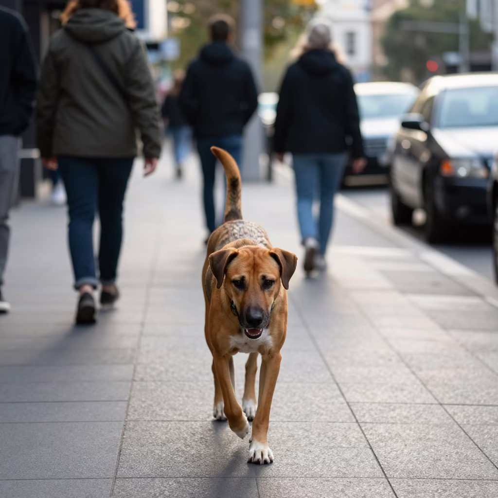 Late Morning Melbourne Street Scene with Thai Ridgeback Dog and Scarf in in Melbourne, Victoria, Australia