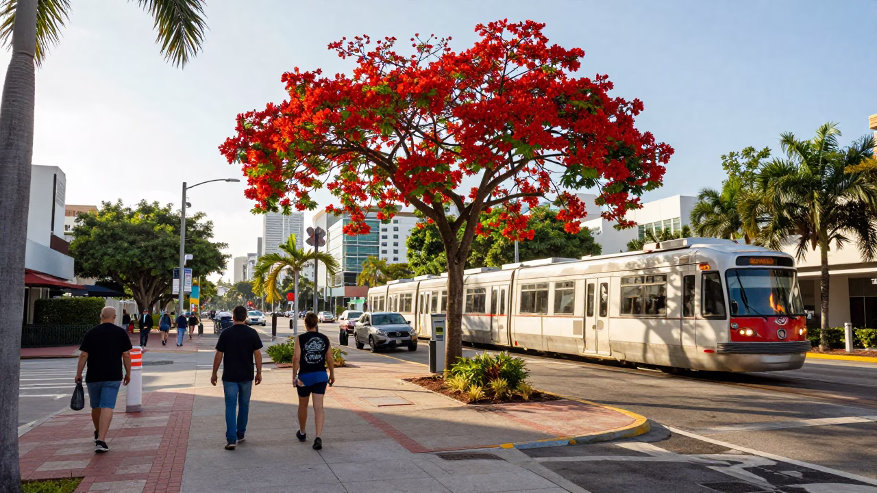 Late Morning Miami Street Scene with Monorail and Flame Tree Bloom in in Miami, Florida, United States