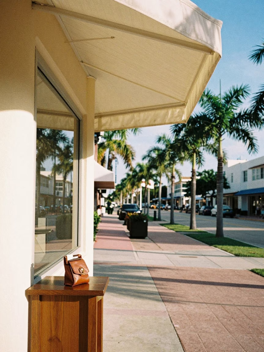 Late Morning Miami Valet Stand Beneath Hotel Awnings Reflecting Headlight Streaks in in Miami, Florida, United States