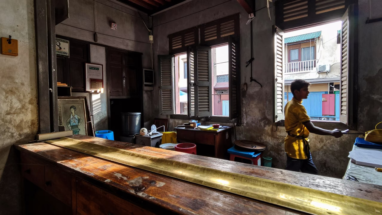Late Morning Mumbai Street Scene with Brass Runner and Porcelain Plate in in Mumbai, India