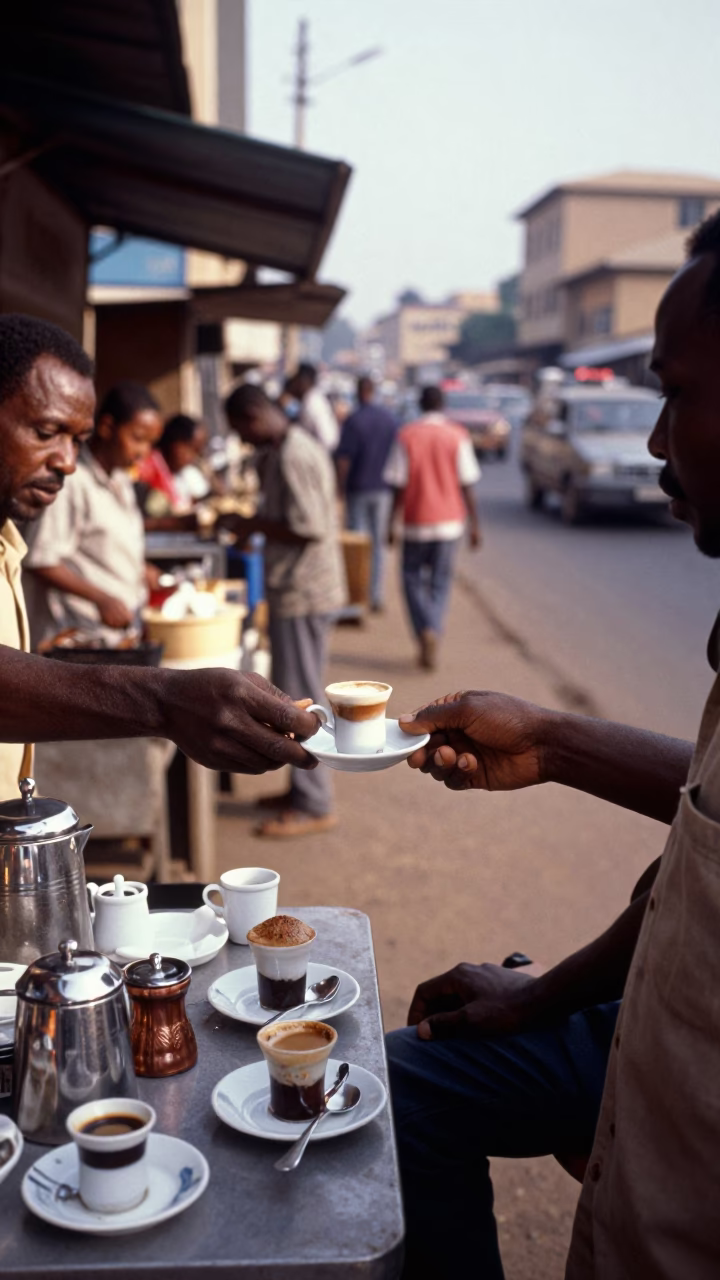 Late Morning Nairobi Street Scene with Turkish Coffee and Baklava in in Nairobi, Kenya