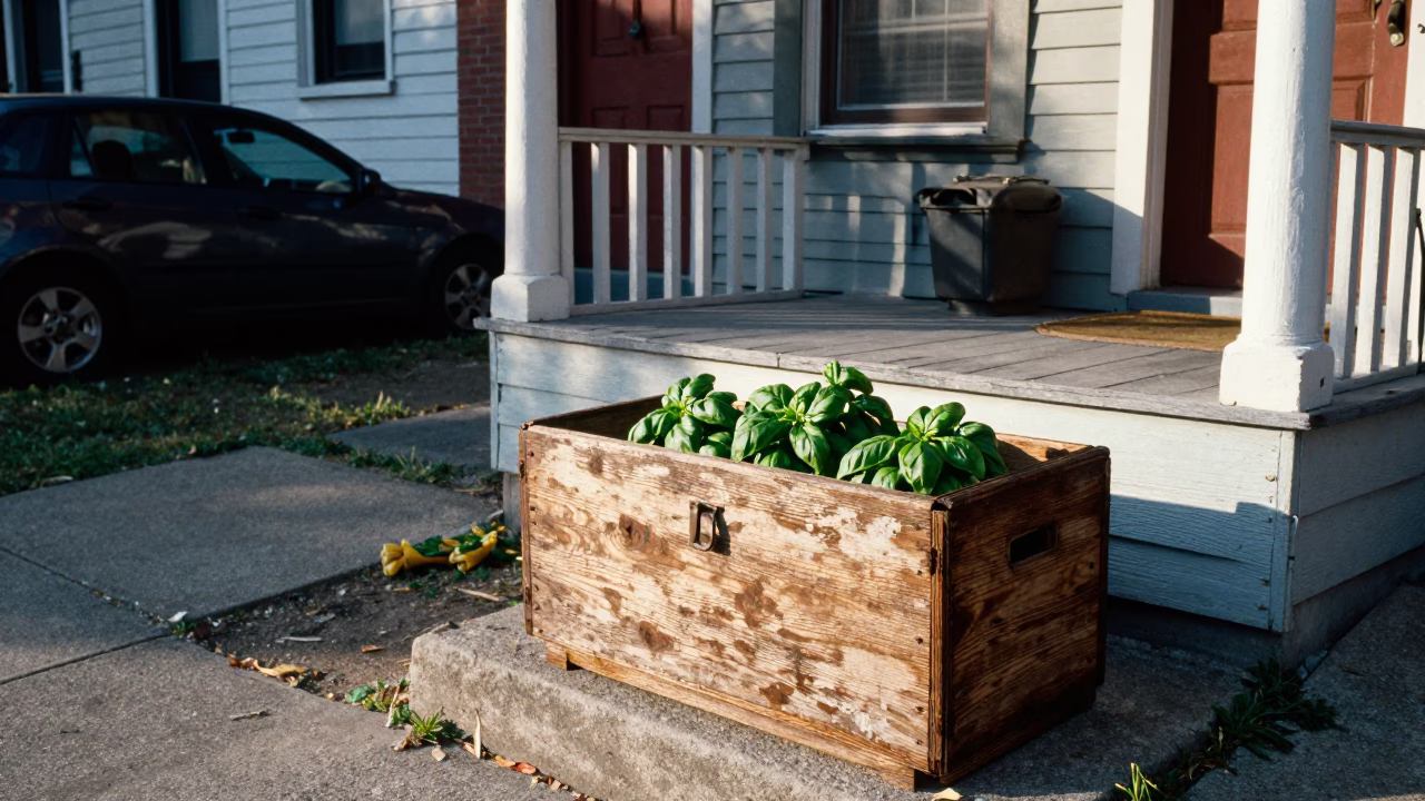 Late Morning Nashville Tennessee Street Scene with Breadbox and Basil on Porch in in Nashville, Tennessee, United States
