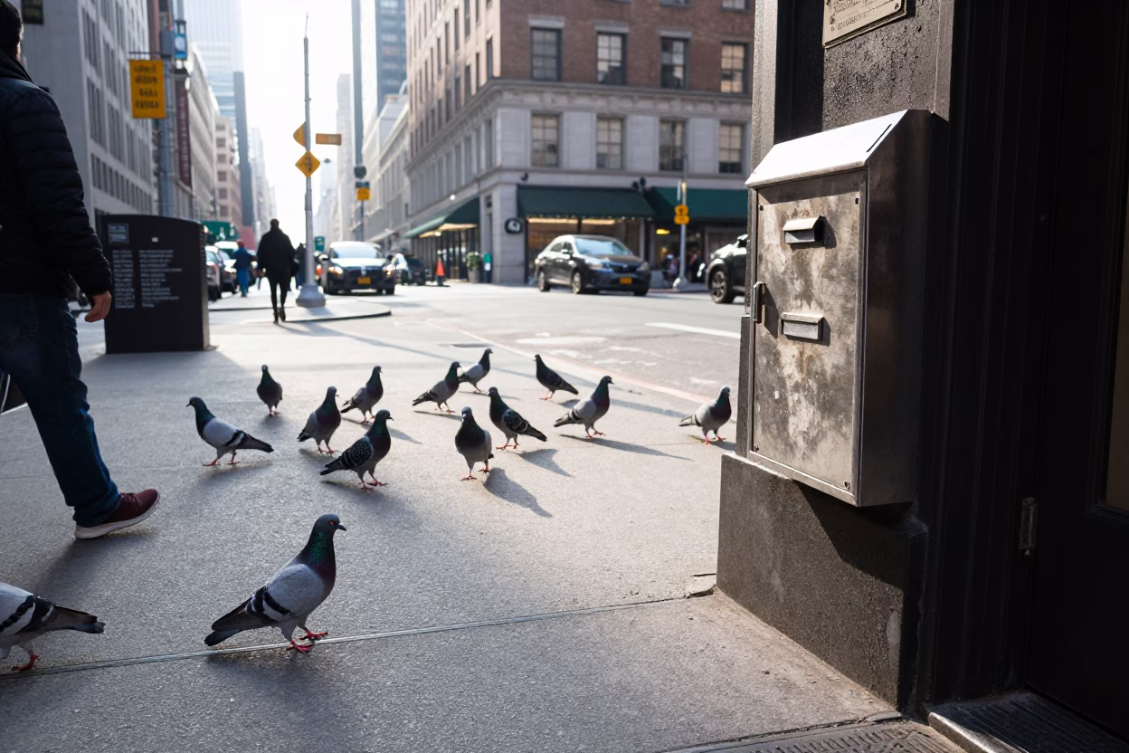 Late Morning New York Street Scene with Pigeons and Urban Details in in New York, New York, United States