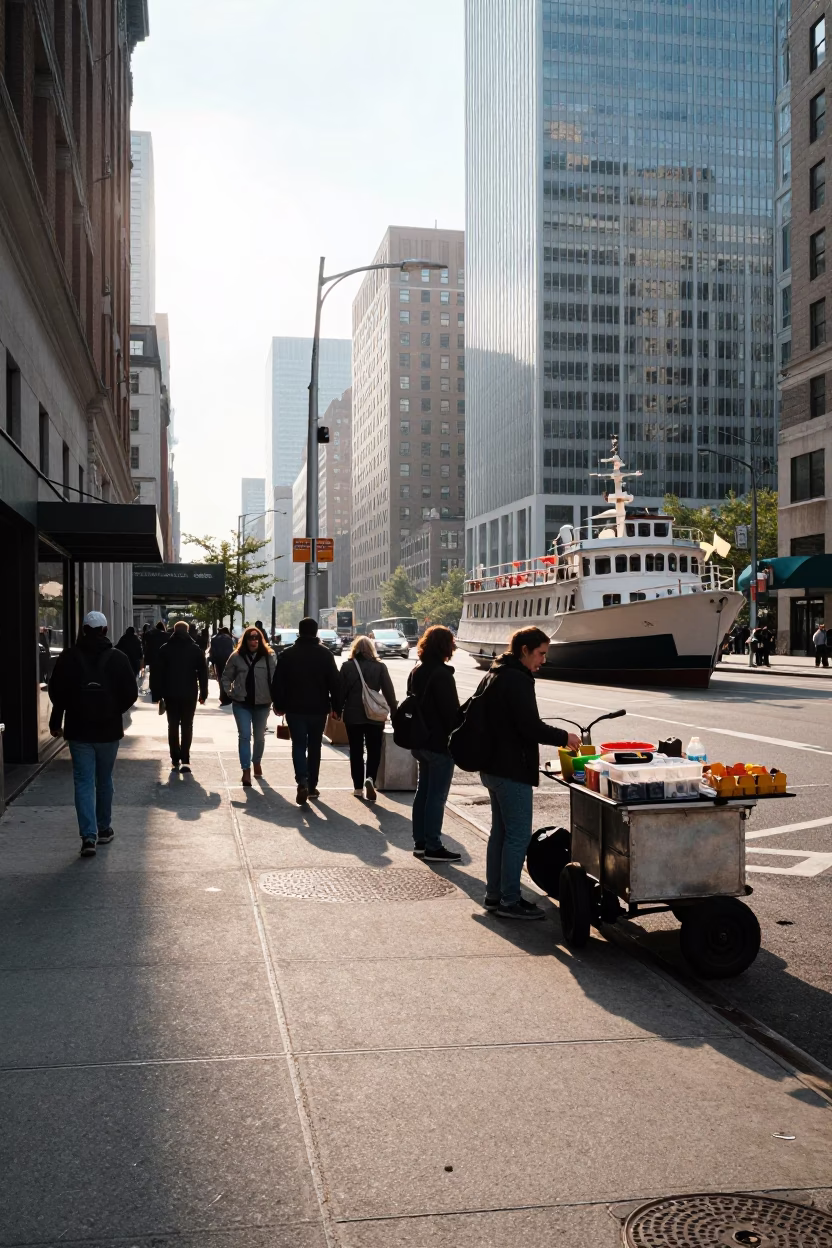 Late Morning New York Street Scene with Pilot Boat and Urban Details in in New York, New York, United States