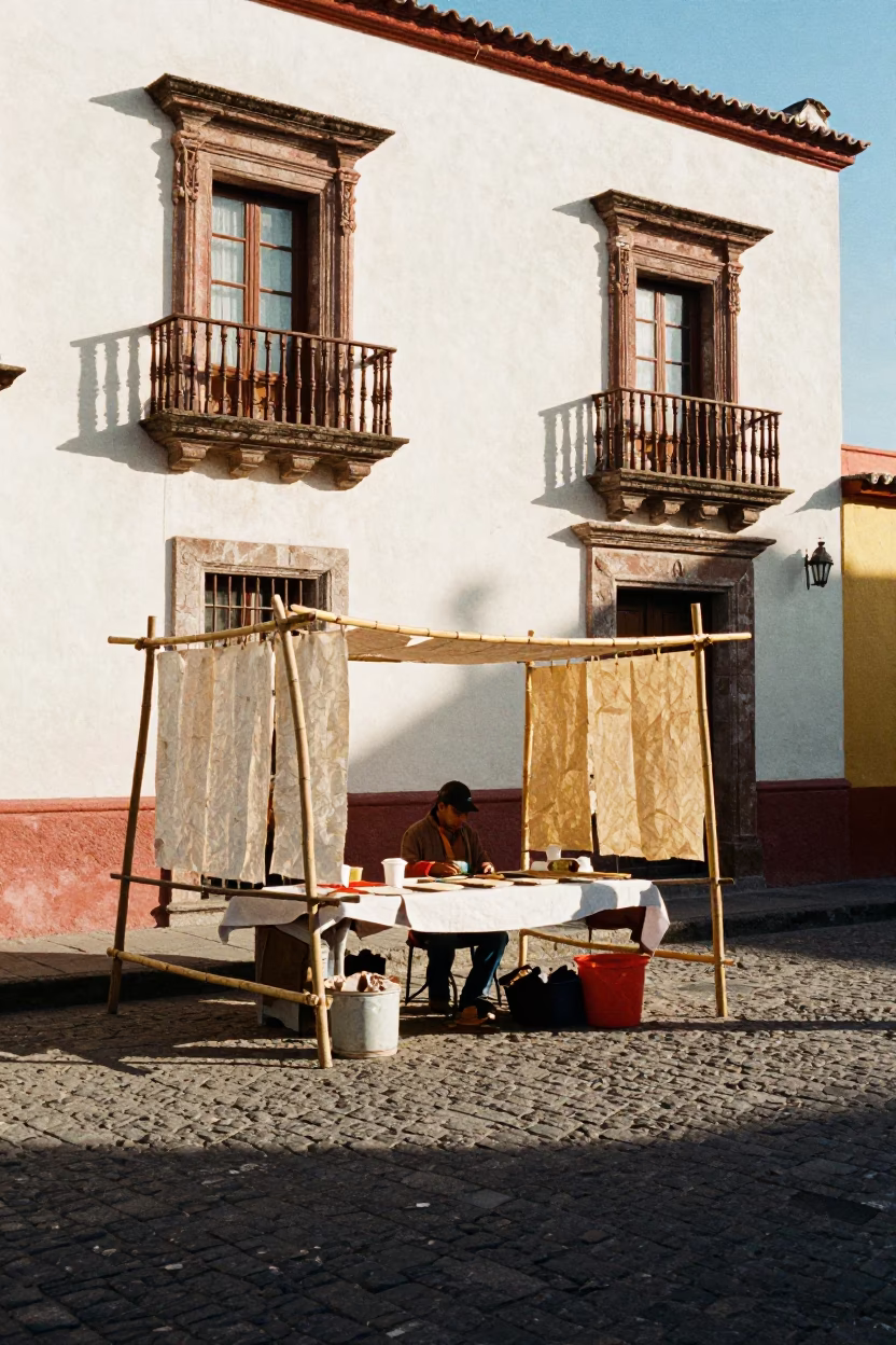Late Morning Oaxaca Street Scene with Handmade Paper Drying on Bamboo Screens in in Oaxaca, Mexico