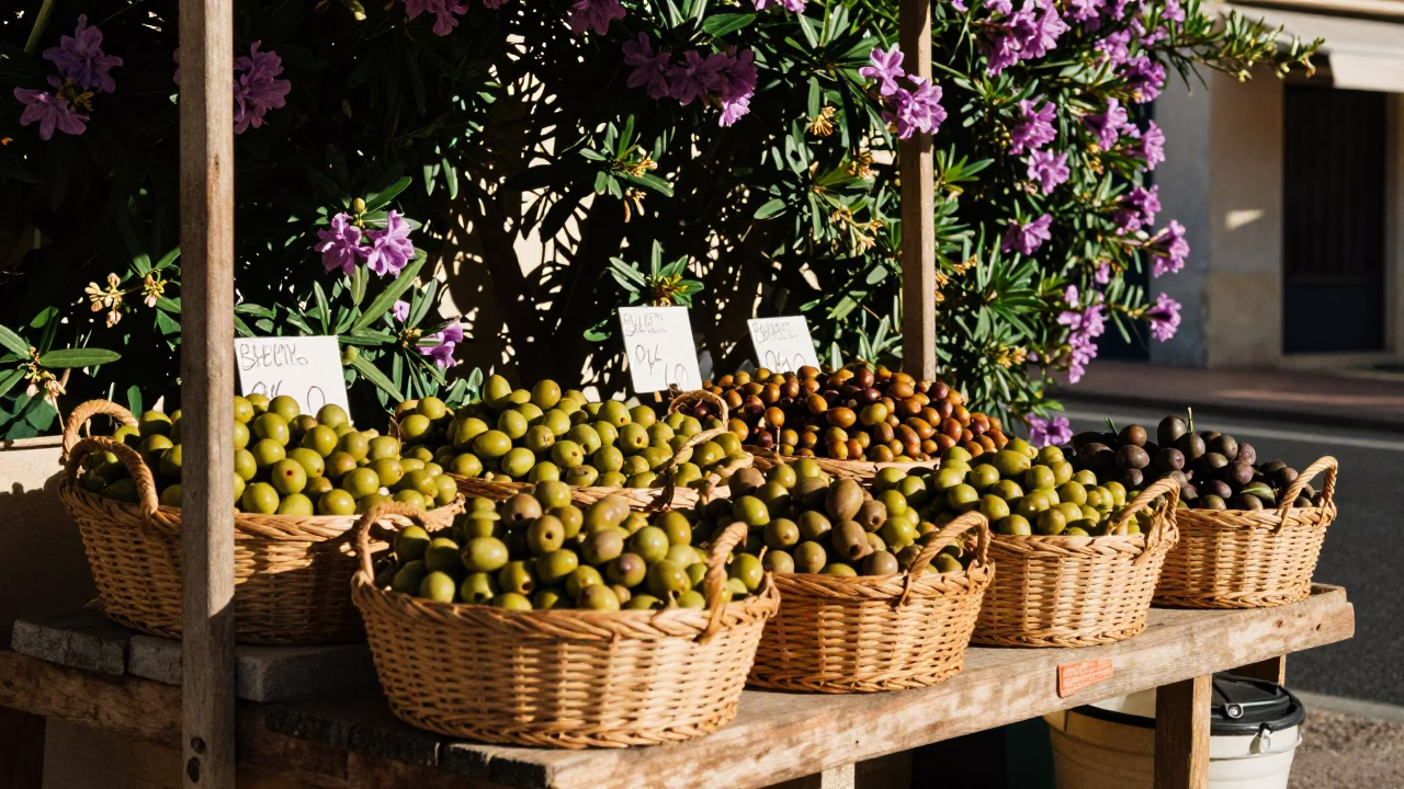 Late Morning Olive Market Stall in Marseille France with Plumbago Hedge in in Marseille, France