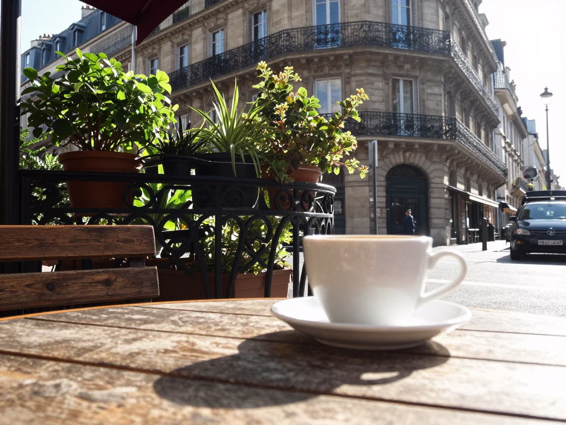 Late Morning Paris Street Scene with Ceramic Cup and Houseplants in Window in in Paris, France