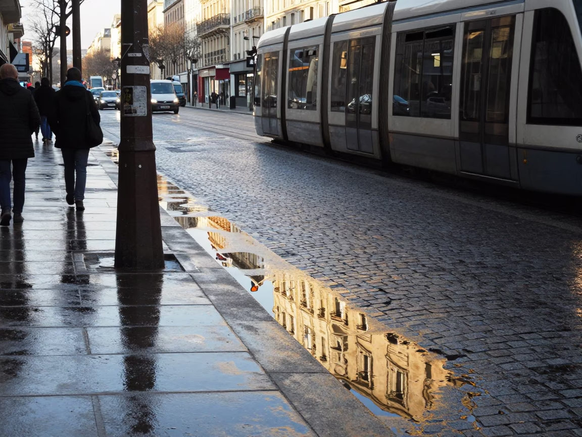 Late Morning Paris Street Scene with Tram Reflections and Urban Details in in Paris, France