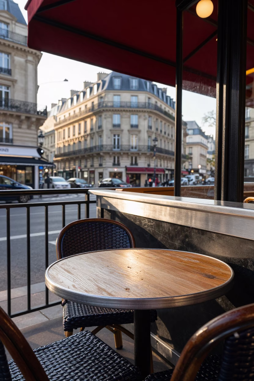 Late Morning Parisian Cafe Table with Brushed Steel Rail and Ceramic Cup in in Paris, France