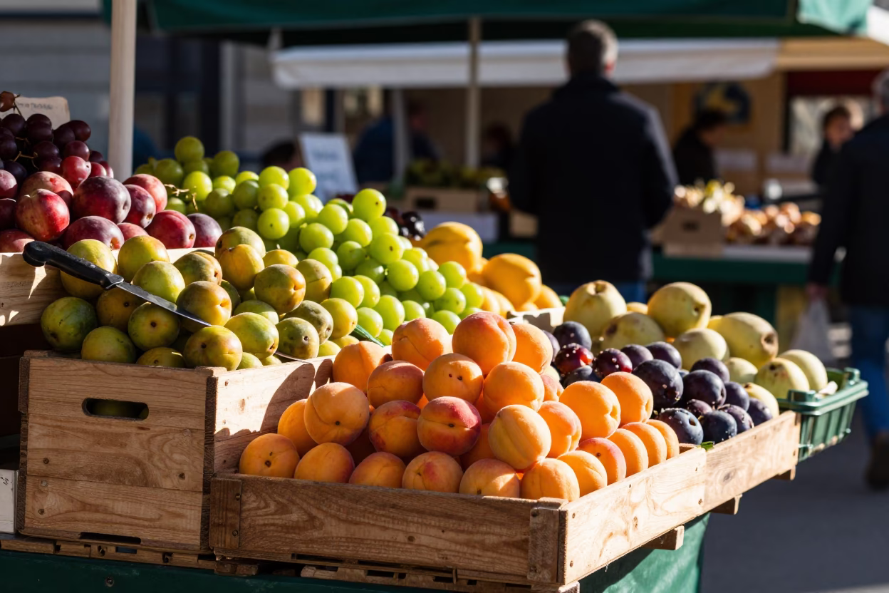 Late Morning Parisian Market Stall with Fresh Fruit Knife and Woven Basket Display in in Paris, France