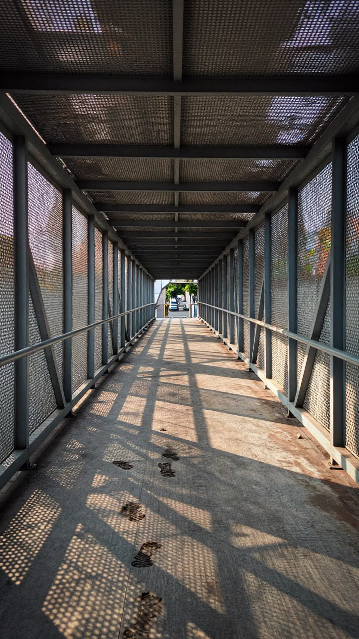 Late Morning Pedestrian Overpass in Surabaya Indonesia with Perforated Metal and Wet Footsteps in in Surabaya, Indonesia