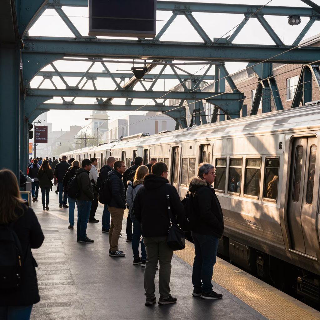 Late Morning Philadelphia Commuter Train Platform Scene with Morning Travelers in in Philadelphia, Pennsylvania, United States