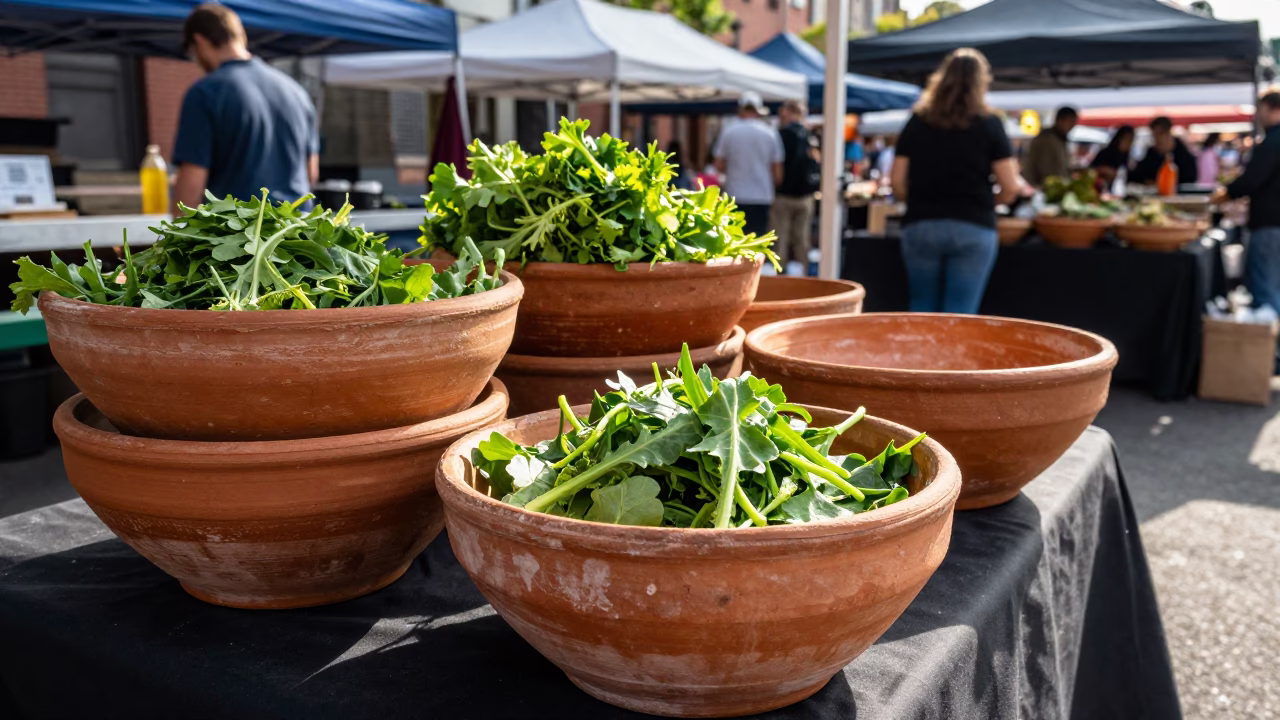 Late Morning Philadelphia Market Stall with Terracotta Bowls and Local Produce in in Philadelphia, Pennsylvania, United States