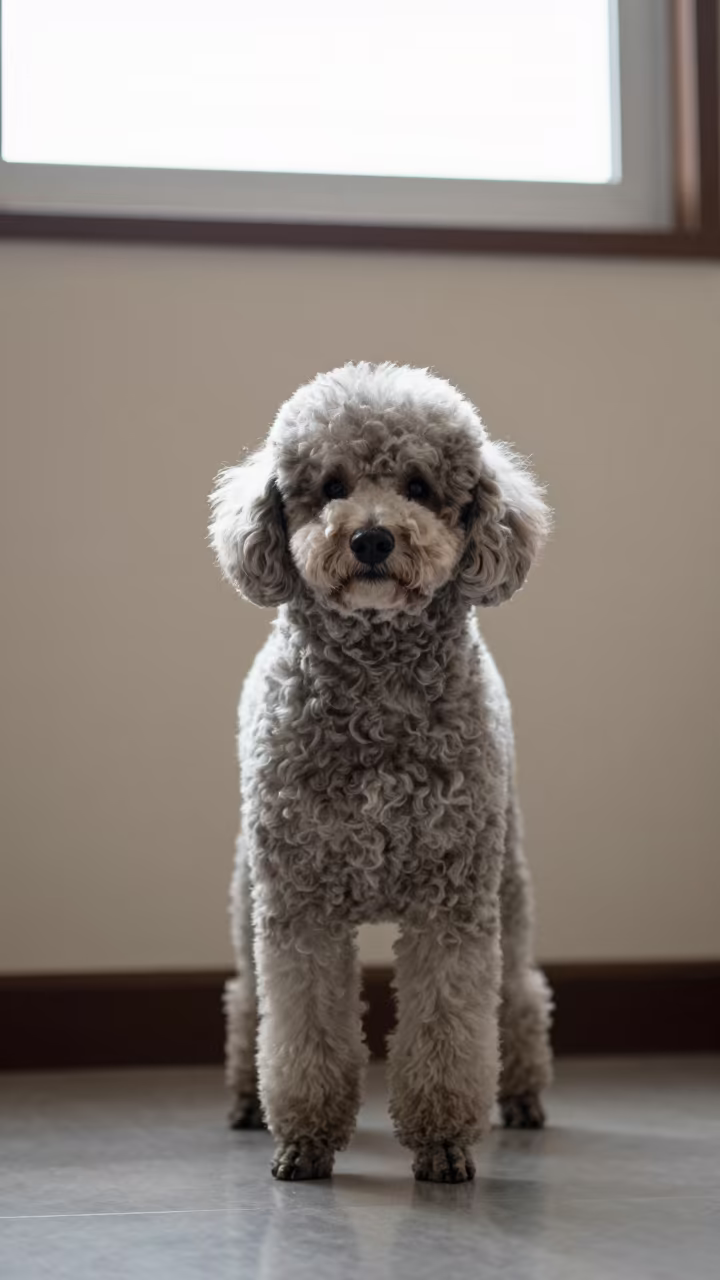 Late Morning Poodle Portrait in Castellón in beside a plain plaster wall in soft indoor light with the animal centered in frame in Castellón de la Plana
