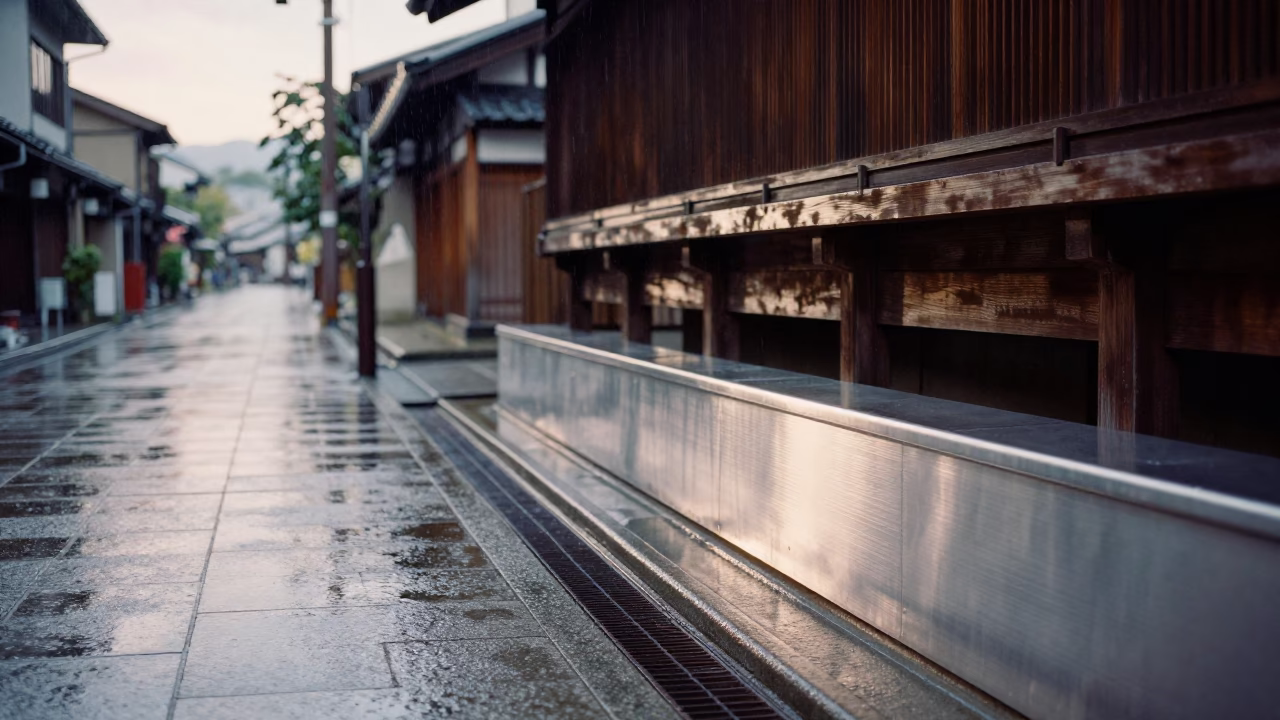 Late Morning Rain on Kyoto Street with Brushed Steel Drain and Pitcher in in Kyoto, Japan