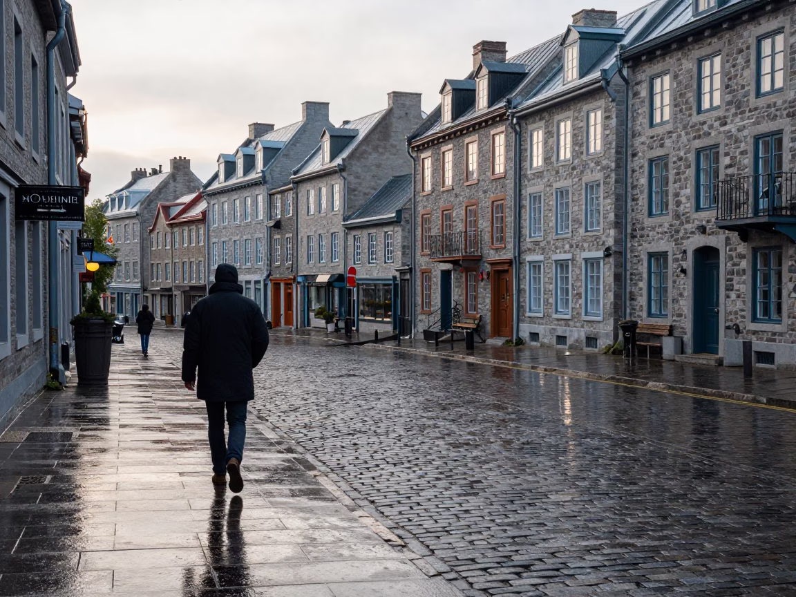 Late Morning Rain on Quebec City Stone Pavement with Historic Architecture and Umbrella in in Quebec City, Quebec, Canada