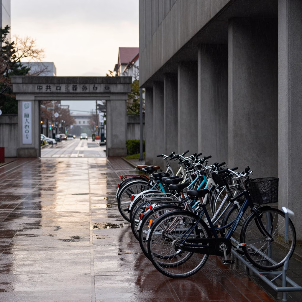 Late Morning Rain on Sapporo University Campus Bicycle Rack and Wet Pavement in in Sapporo, Japan