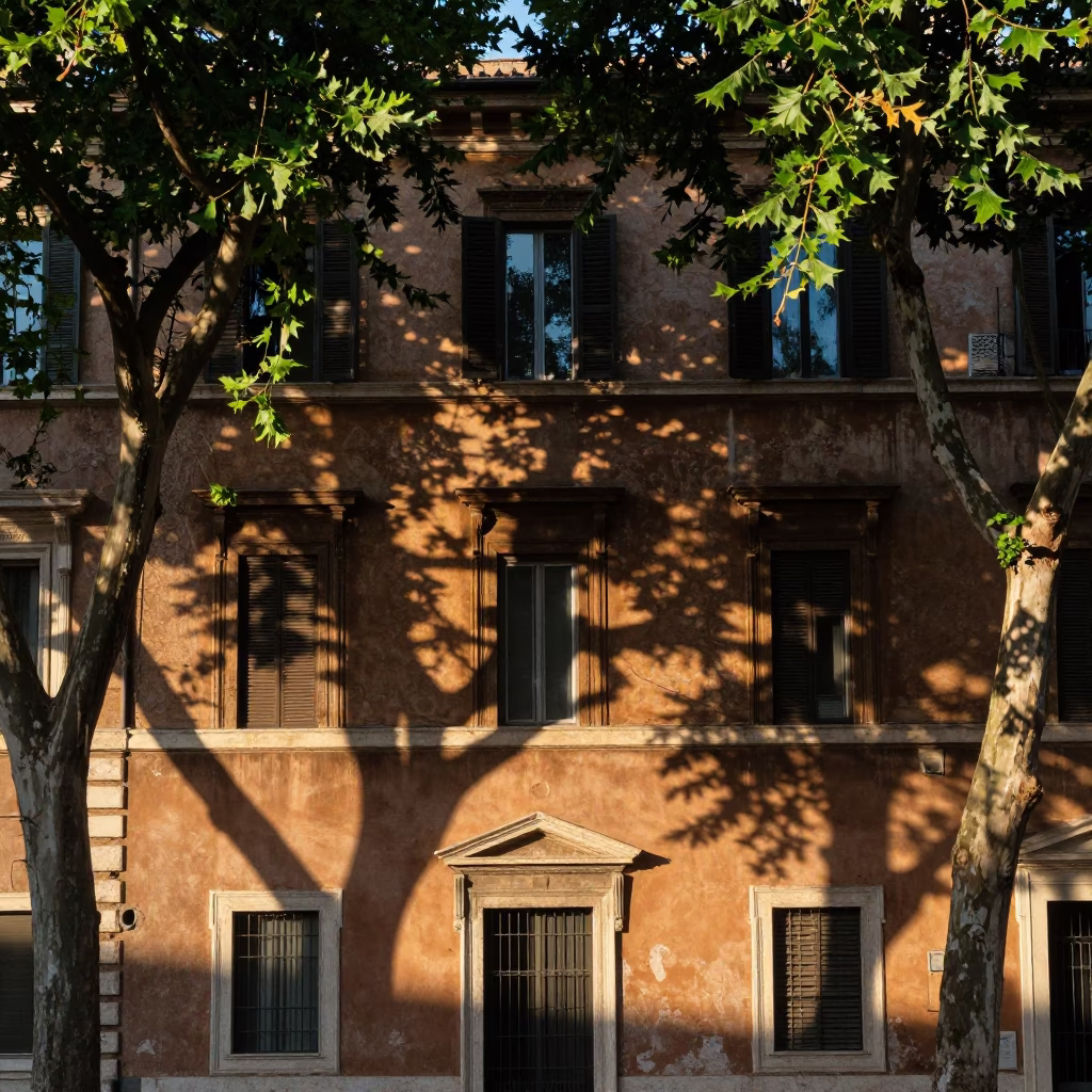 Late Morning Roman Street Scene with Leaf Shadows on Historic Wall in in Rome, Italy