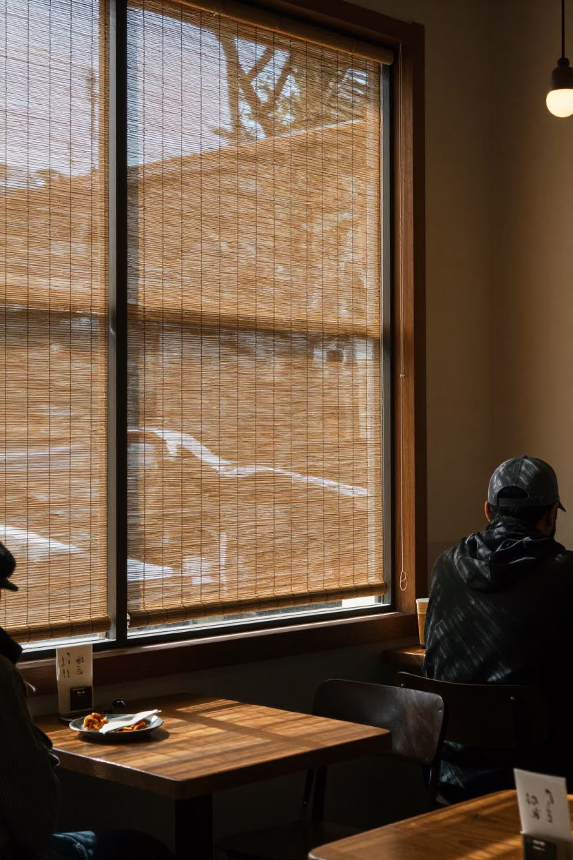 Late Morning Seattle Coffee Shop Interior with Japanese Katsudon and Woven Cane Light in in Seattle, Washington, United States
