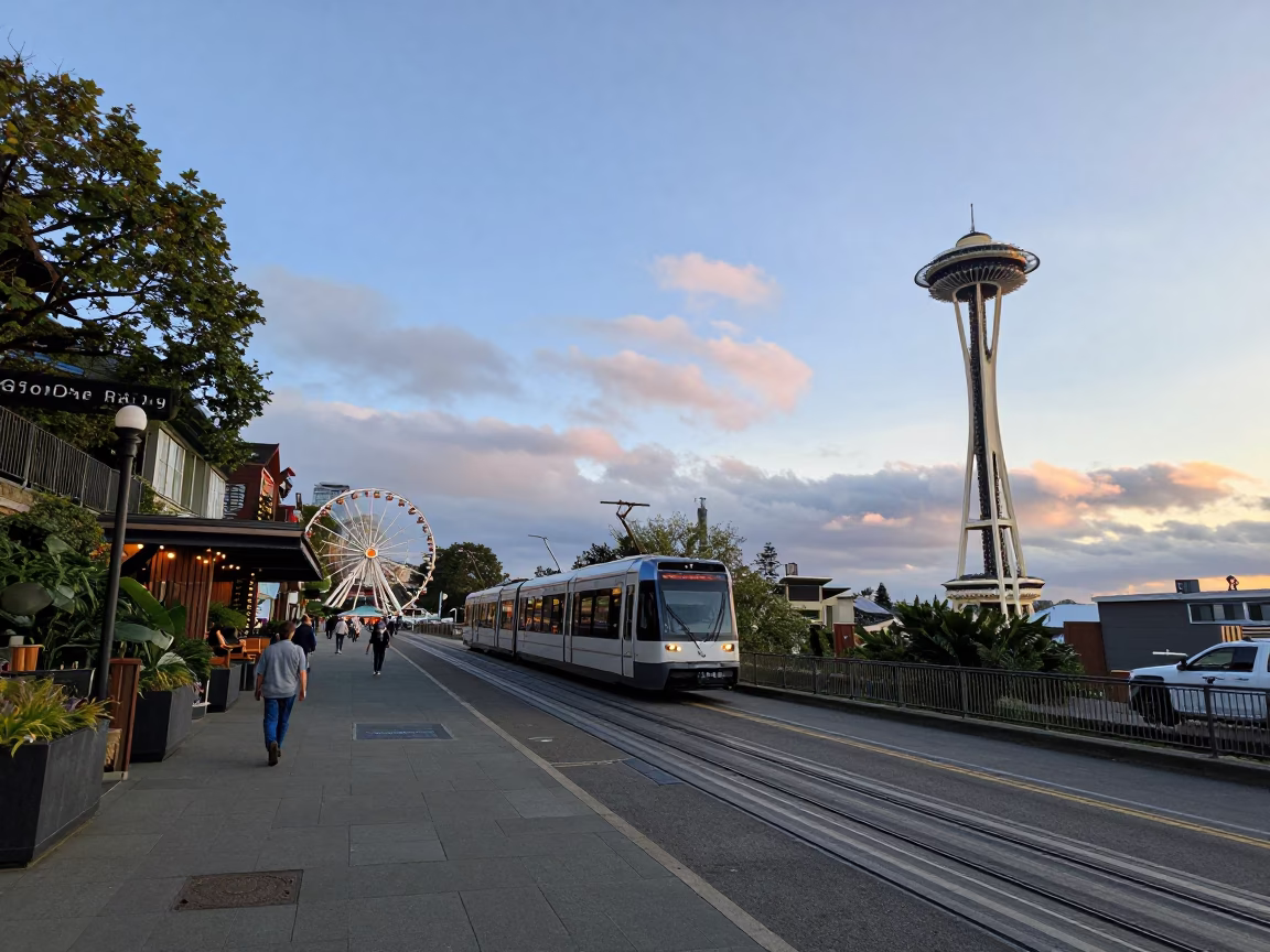 Late Morning Seattle Street Scene with Funicular Cliffside Restaurant and Local Pedestrians in in Seattle, Washington, United States