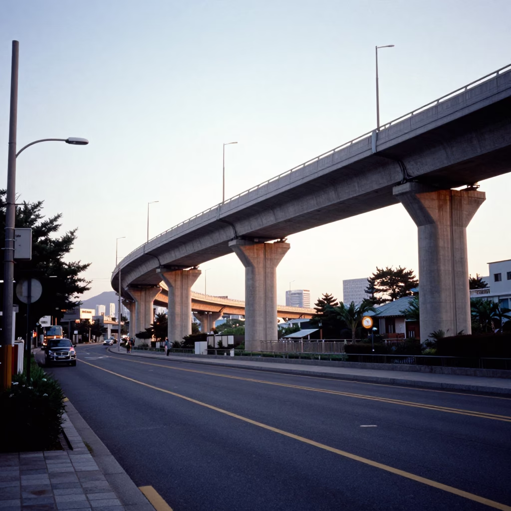 Late Morning Seoul Street Scene with Concrete Viaduct and Funicular Hill Climb in in Seoul, South Korea