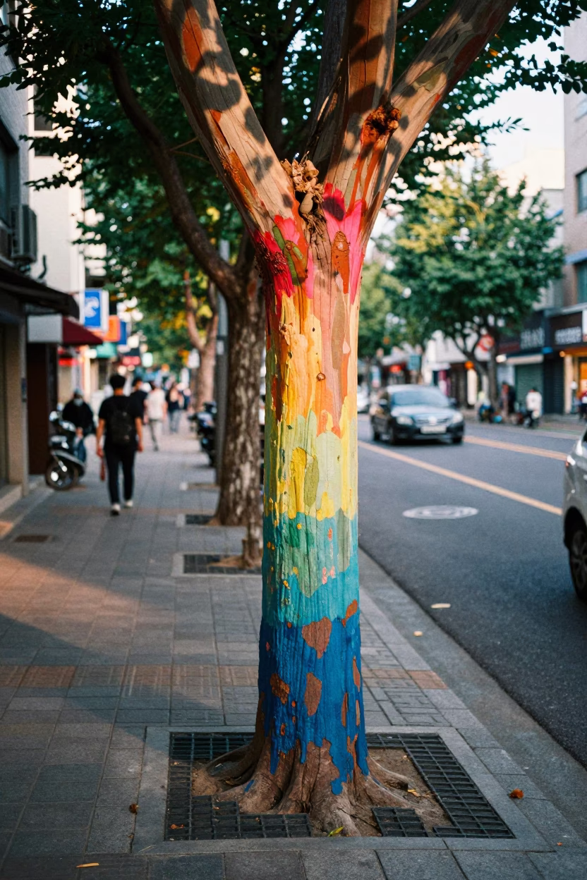 Late Morning Seoul Street Scene with Rainbow Eucalyptus Tree and Urban Pedestrians in in Seoul, South Korea