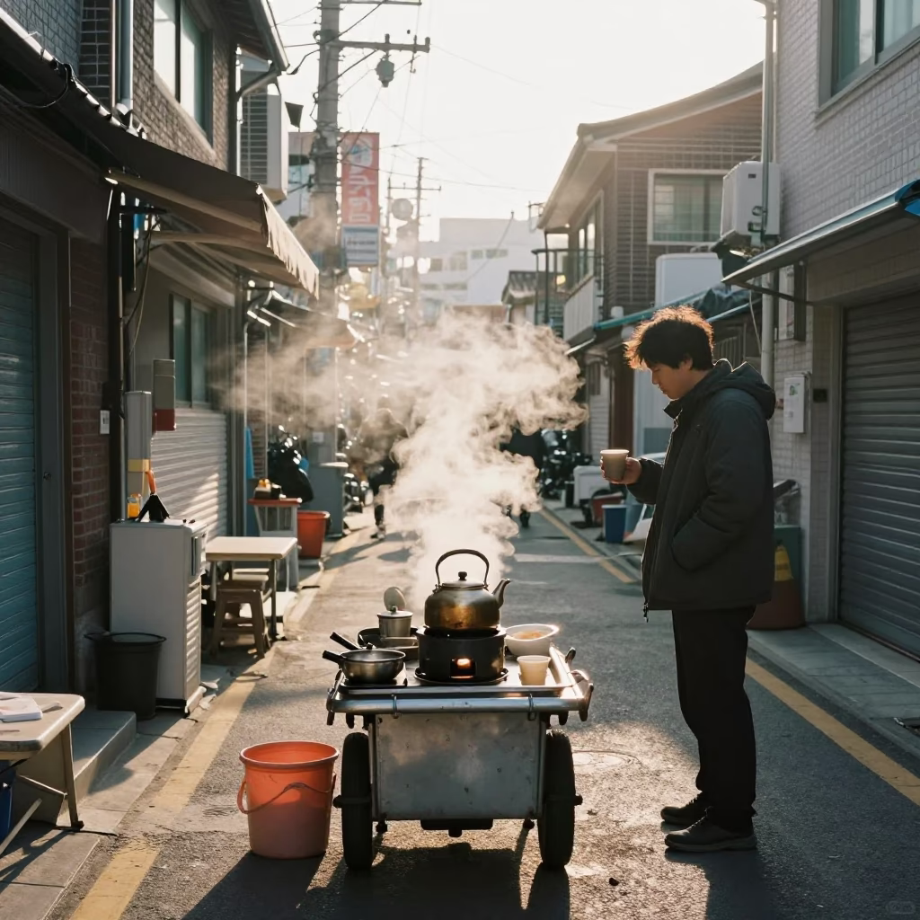 Late Morning Seoul Street Scene with Steam and Urban Details in in Seoul, South Korea