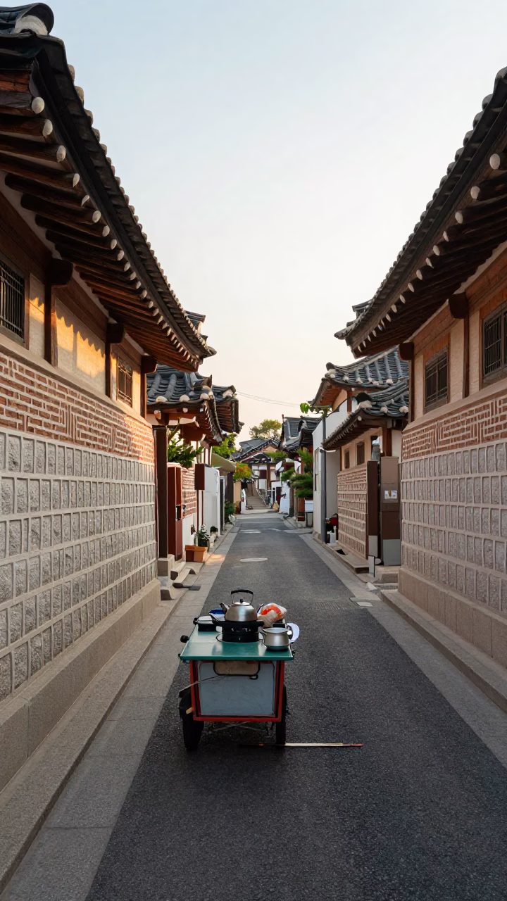 Late Morning Seoul Street Scene with Stovetop Kettle and Urban Life in in Seoul, South Korea