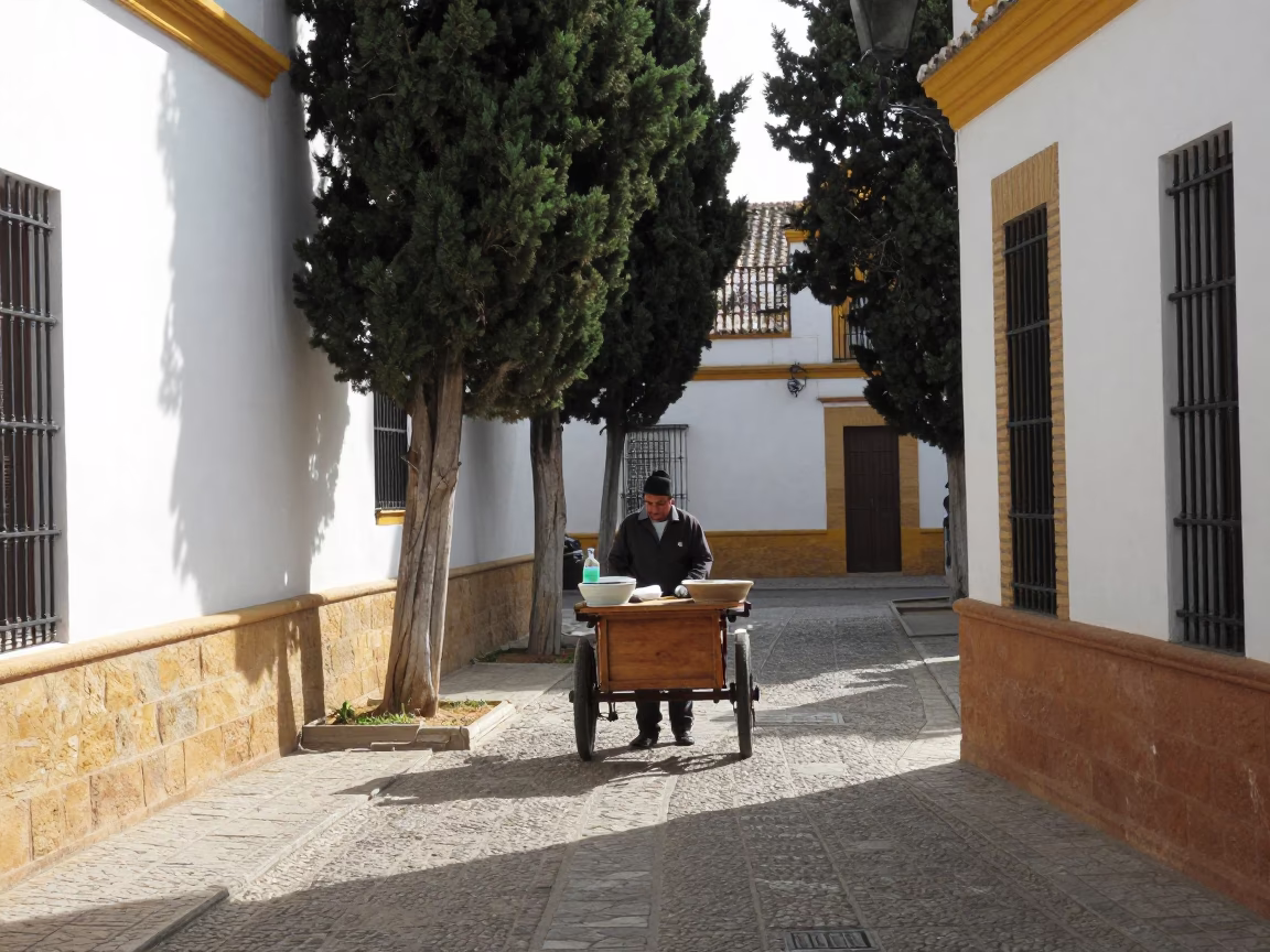 Late Morning Seville Street Scene with Ceramic Bowl and Iron Hook Details in in Seville, Spain