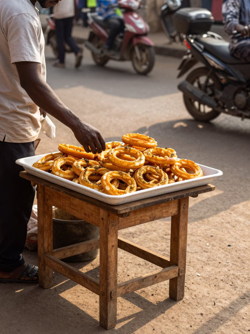 Late Morning Street Food Scene in Accra Ghana with Mandazi and Pitcher in in Accra, Ghana