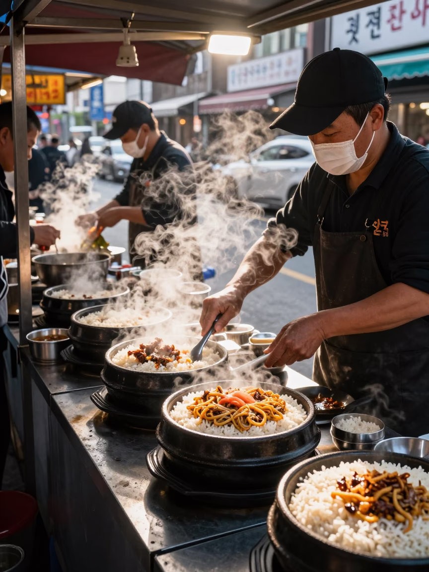Late Morning Street Food Scene in Seoul with Claypot Rice and Sausage in in Seoul, South Korea