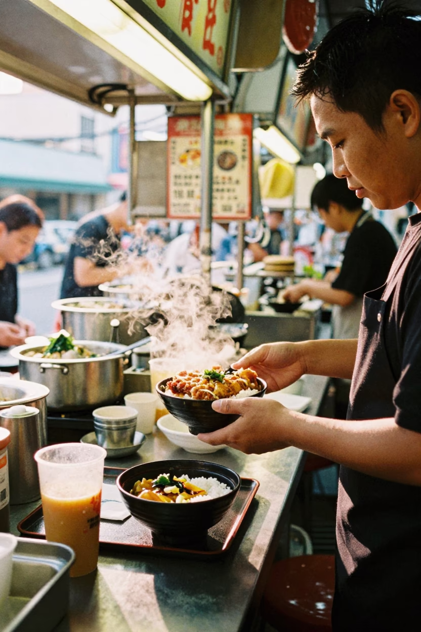 Late Morning Street Food Scene in Singapore with Katsudon Bowl and Urban Details in in Singapore, Singapore