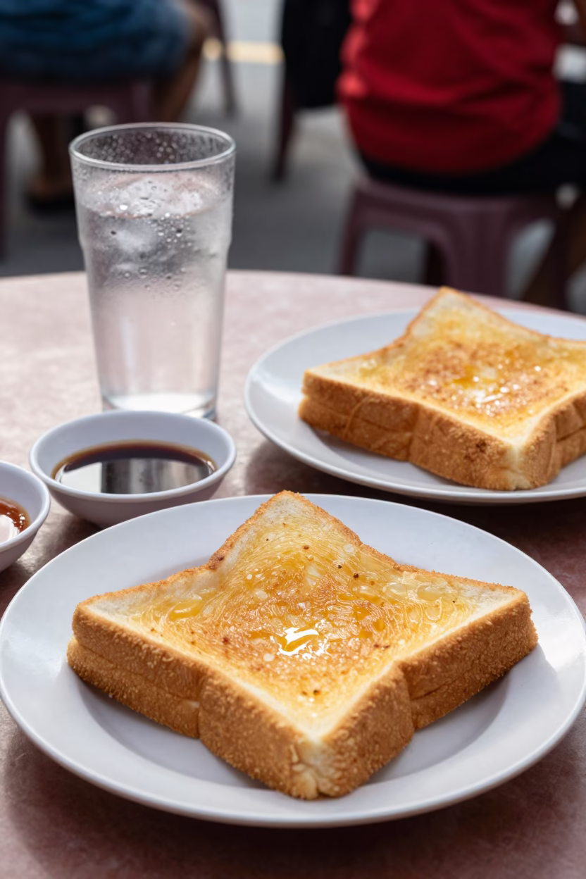Late Morning Street Food Scene in Singapore with Kaya Toast and Soft Boiled Eggs in in Singapore, Singapore