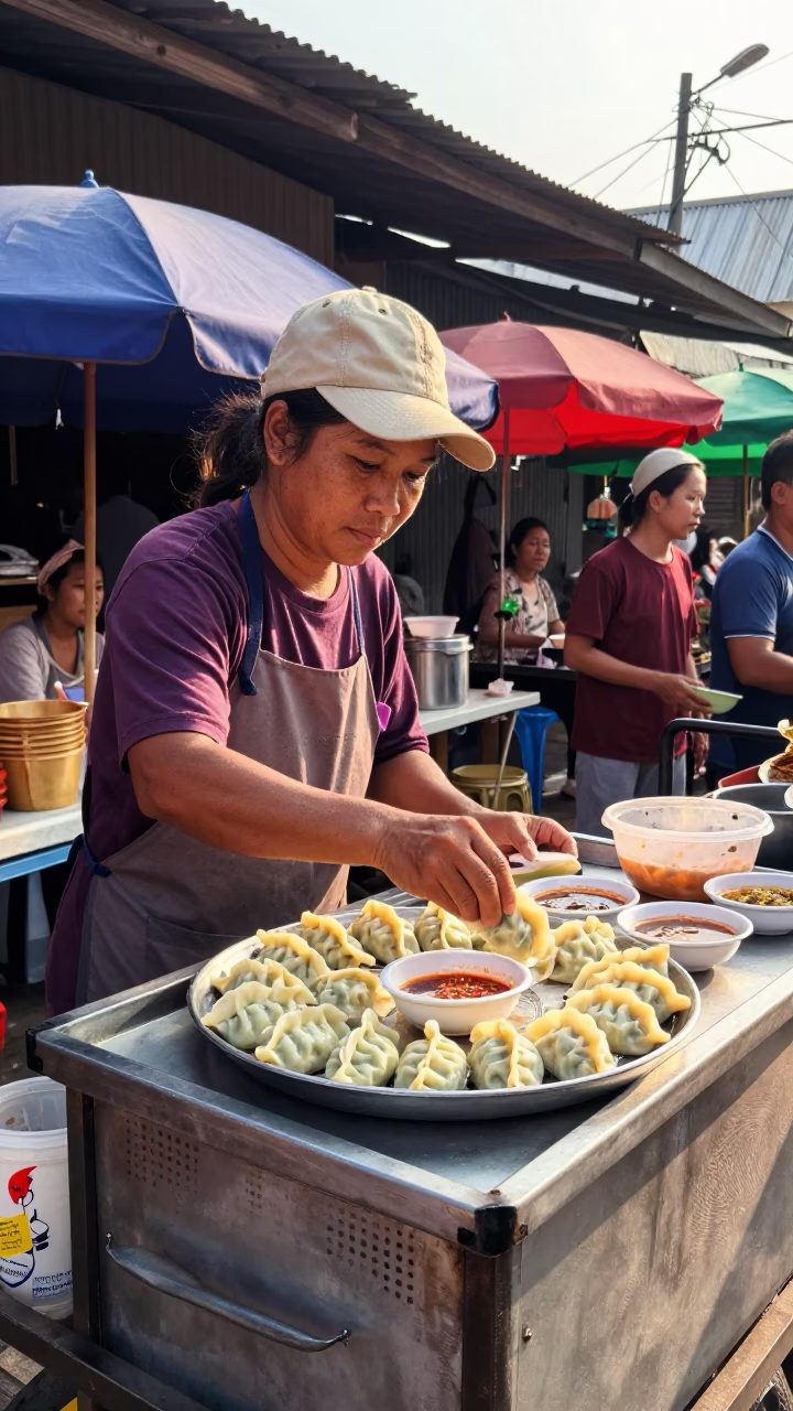 Late Morning Street Food Vendor Serving Mandu Dumplings in Chiang Mai Thailand in in Chiang Mai, Thailand