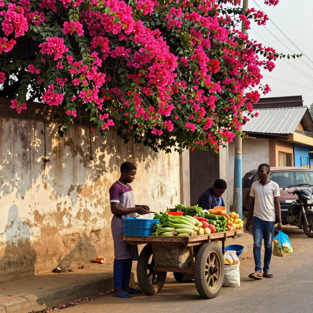 Late Morning Street Life in Accra Ghana with Bougainvillea and Local Commerce in in Accra, Ghana