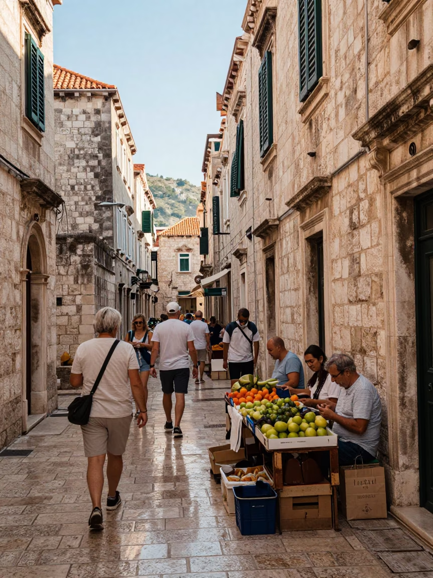 Late Morning Street Life in Dubrovnik Croatia with Local Vendor and Historic Stone Architecture in in Dubrovnik, Croatia