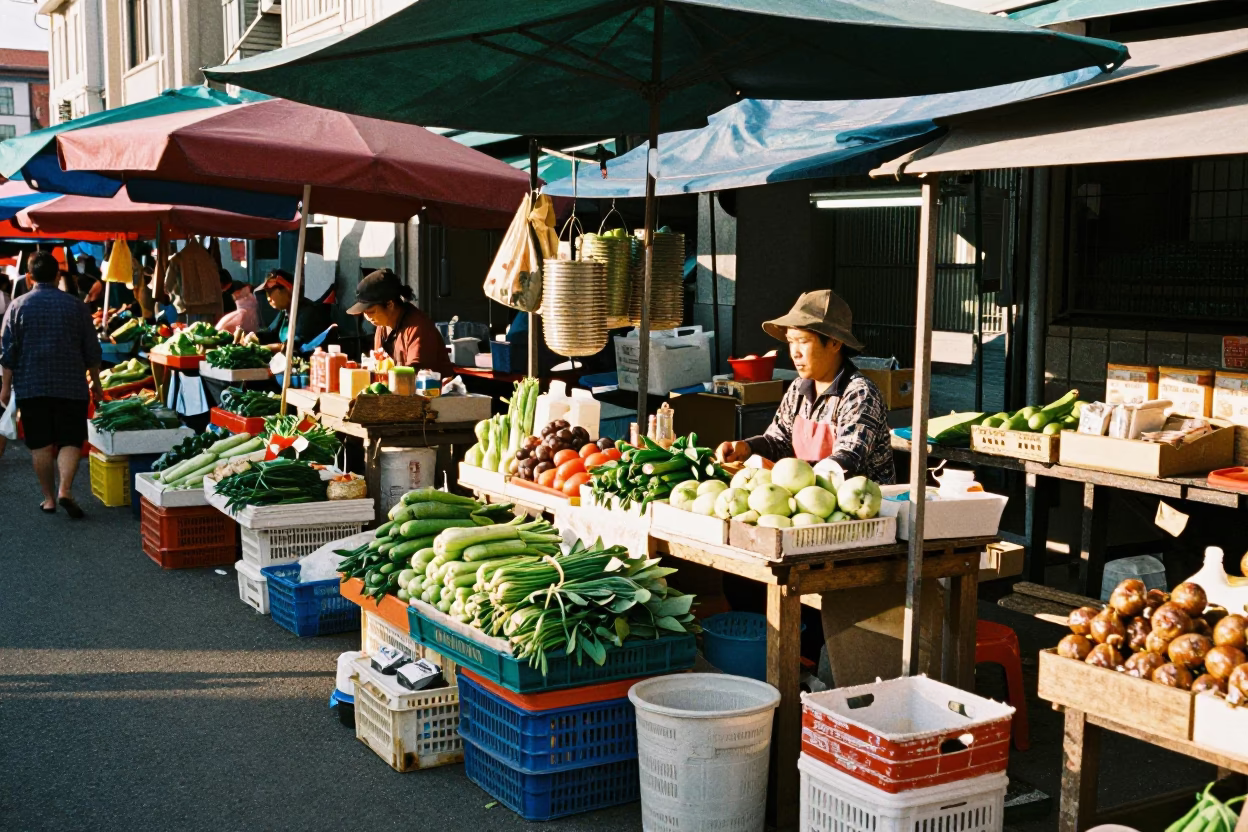 Late Morning Street Market Scene in Kaohsiung Taiwan with Vendor and Produce in in Kaohsiung, Taiwan