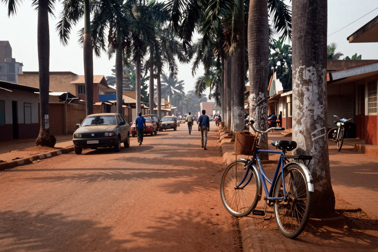 Late Morning Street Scene in Accra Ghana with Bicycle Leaning Against Local Cafe Facade in in Accra, Ghana