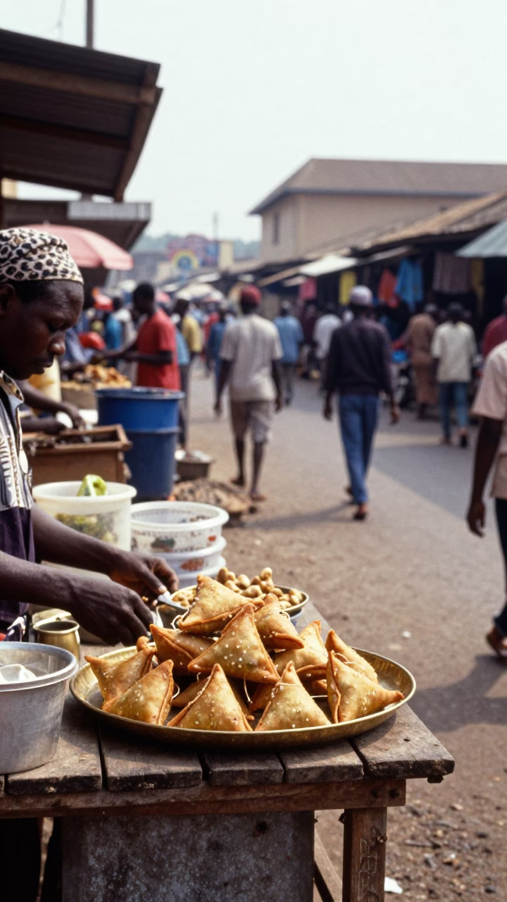 Late Morning Street Scene in Accra Ghana with Brass Plate of Samosas in in Accra, Ghana