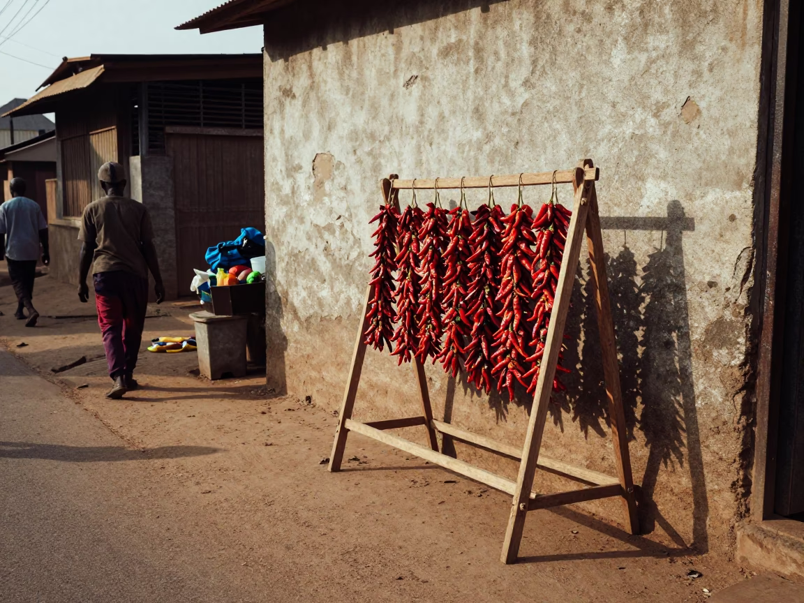 Late Morning Street Scene in Accra Ghana with Drying Rack and Coconuts in in Accra, Ghana