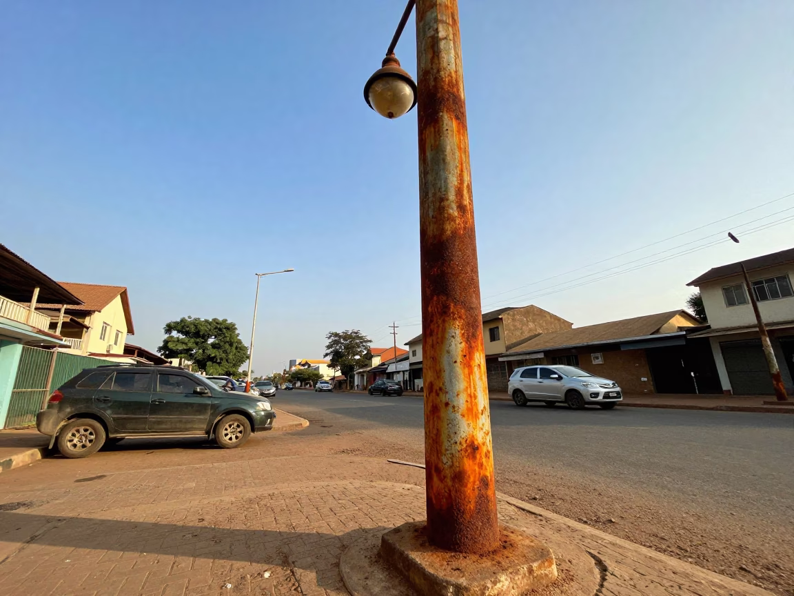 Late Morning Street Scene in Accra Ghana with Rusty Lamp and Leaf Shadows in in Accra, Ghana