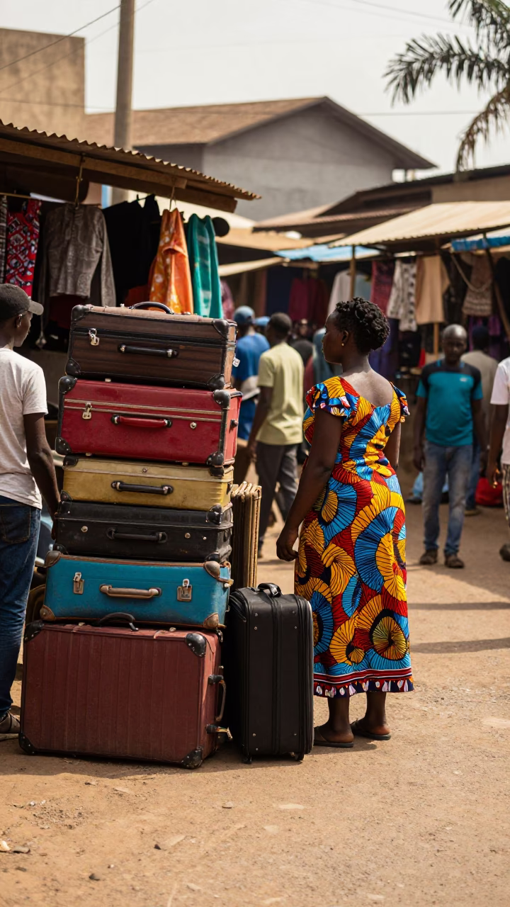 Late Morning Street Scene in Accra Ghana with Suitcases and Local Interaction in in Accra, Ghana